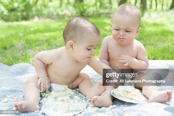 fraternal twins celebrate first birthday with cake smash - smash cake ストックフォトと画像