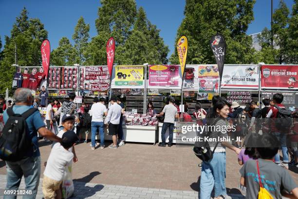 Fans check marchandise stalls prior to the J.League J1 match between Vissel Kobe and Cerezo Osaka at Noevir Stadium Kobe on May 28, 2017 in Kobe,...