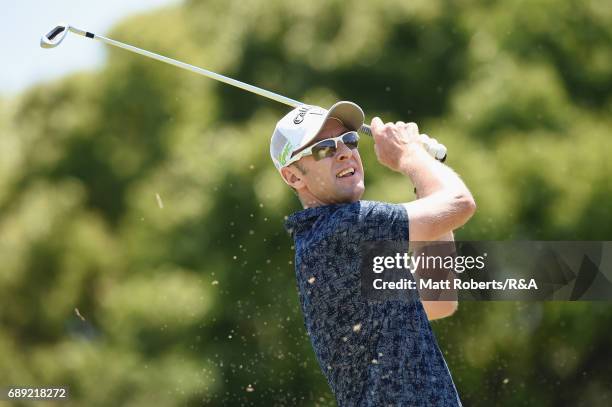 Brendan Jones of Australia hits his tee shot on the 16th hole during the final round of Mizuno Open at JFE Setonaikai Golf Club on May 28, 2017 in...