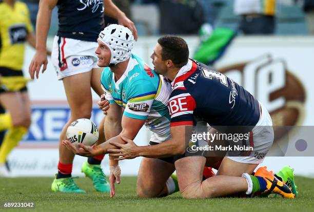 Jarrod Croker of the Raiders celebrates scoring a try during the round 12 NRL match between the Canberra Raiders and the Sydney Roostrers at GIO...