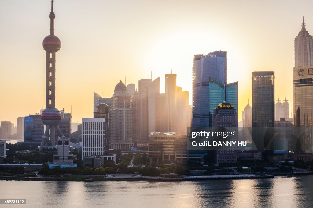 Buildings in Lujiazui at sunrise