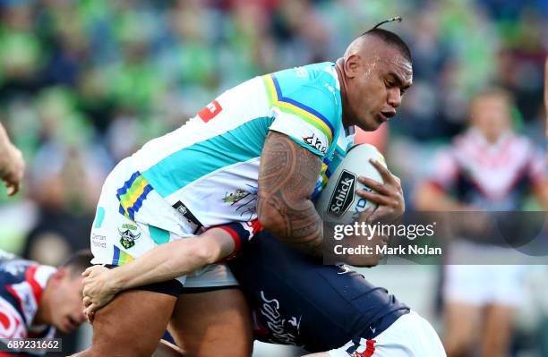 Junior Paulo of the Raiders in action during the round 12 NRL match between the Canberra Raiders and the Sydney Roostrers at GIO Stadium on May 28,...