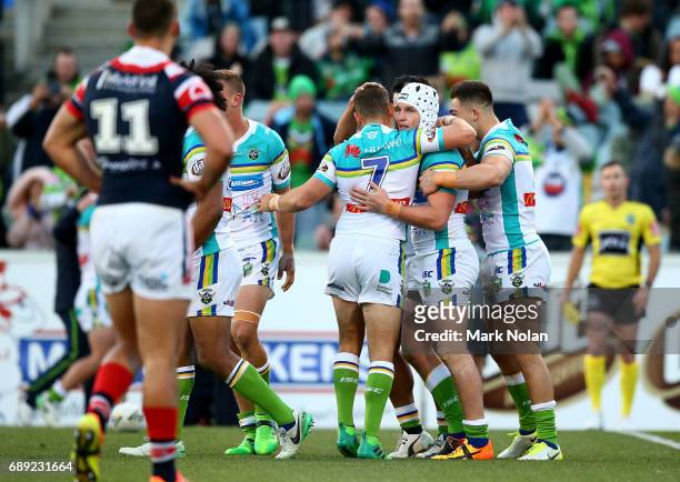 Jarrod Croker of the Raiders celebrates scoring a try during the round 12 NRL match between the Canberra Raiders and the Sydney Roostrers at GIO...