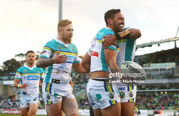 Jordan Rapana of the Raiders celebrates scoring a try during the round 12 NRL match between the Canberra Raiders and the Sydney Roostrers at GIO...