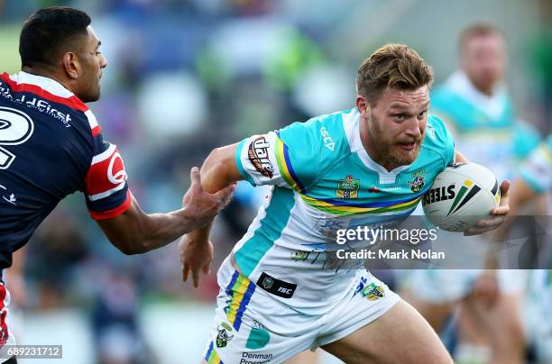 Elliot Whitehead of the Raiders in action during the round 12 NRL match between the Canberra Raiders and the Sydney Roostrers at GIO Stadium on May...