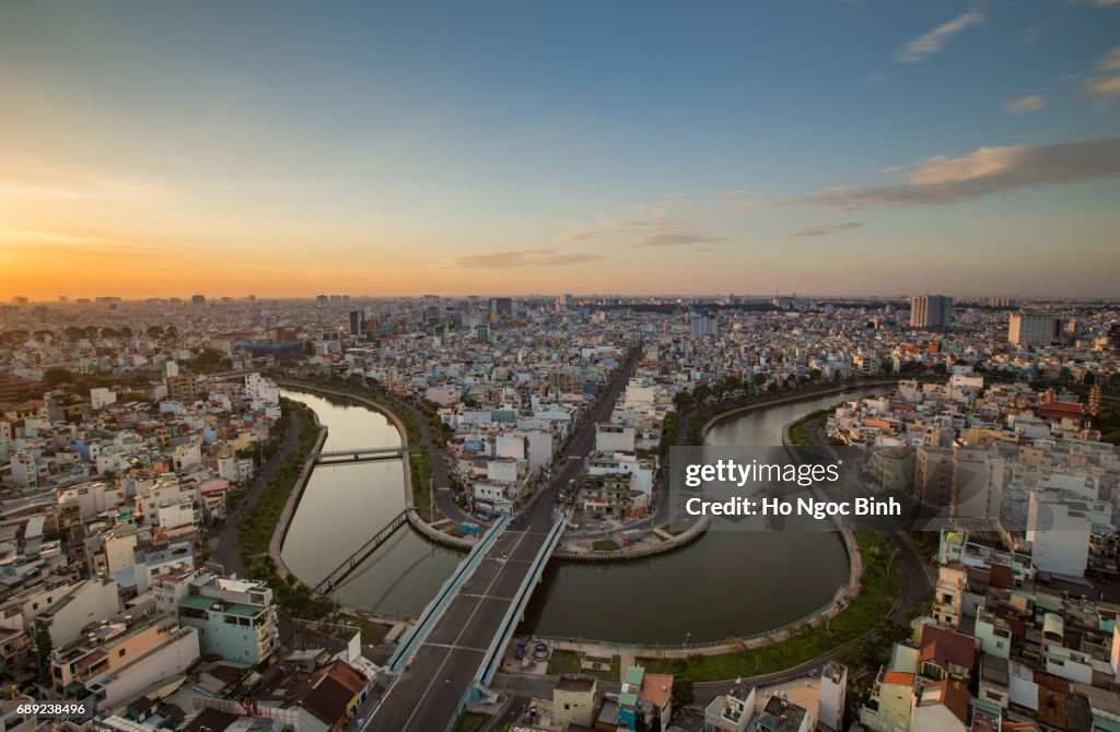 Panorama Top view of Ho Chi Minh City downtown at everning