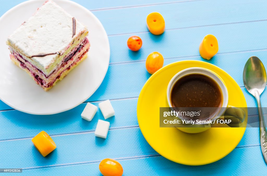 High angle view of sweets and coffee