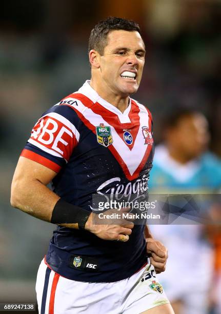 Michael Gordon of the Roosters reacts after missing a conversion attempt during the round 12 NRL match between the Canberra Raiders and the Sydney...