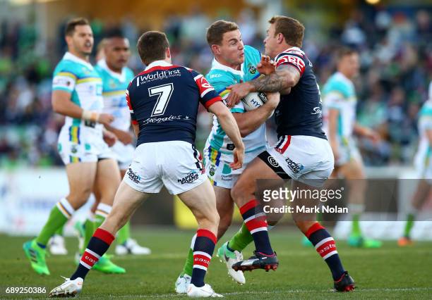 Luke Bateman of the Raiders in action during the round 12 NRL match between the Canberra Raiders and the Sydney Roostrers at GIO Stadium on May 28,...
