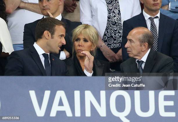 French President Emmanuel Macron, his wife Brigitte Macron, Gerard Collomg following the French Cup final between Paris Saint-Germain and SCO Angers...