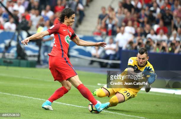 Edinson Cavani of PSG and goalkeeper of Angers Alexandre Letellier during the French Cup final between Paris Saint-Germain and SCO Angers at Stade de...