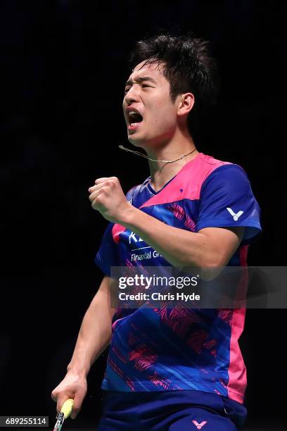 Choi Solgyu of Korea celebrates a point during the Final match against China during the Sudirman Cup at the Carrara Sports & Leisure Centre on May...