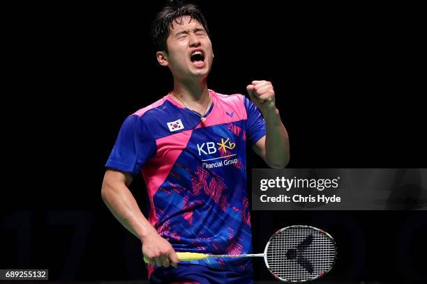 Choi Solgyu of Korea celebrates a point during the Final match against China during the Sudirman Cup at the Carrara Sports & Leisure Centre on May...