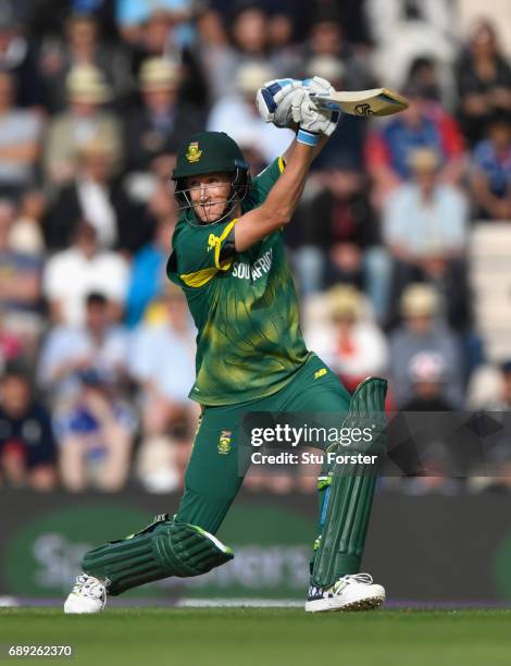 South Africa batsman Chris Morris hits out during the 2nd Royal London One Day International between England and South Africa at The Ageas Bowl on...