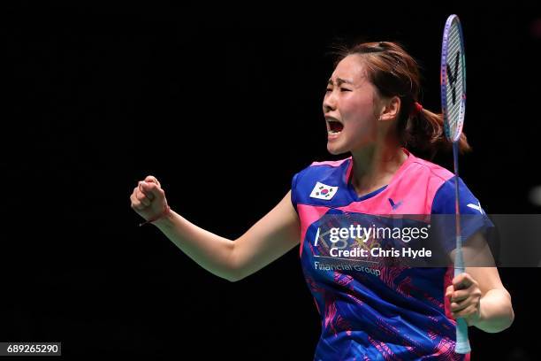 Chae Yoo Jung of Korea celebrates a point during the Final match partnered with Choi Solgyu against Lu Kai and Huang Yaqiong of China during the...