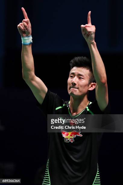 Chen Long of China celebrates after winning the Finals match against Jeon Hyeok Jin of Korea during the Sudirman Cup at the Carrara Sports & Leisure...