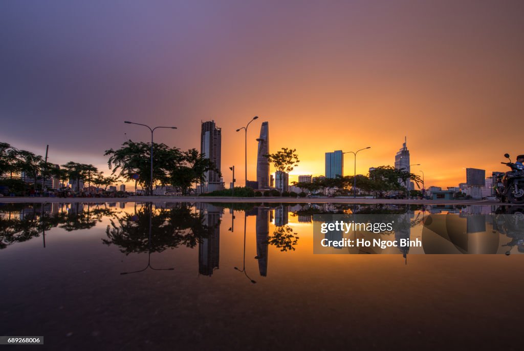 Beautiful Sunset over Saigon reflection - the biggest city in Vietnam