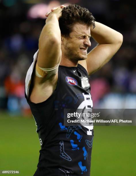 Alex Silvagni of the Blues looks dejected after a loss during the 2017 AFL round 10 match between the Carlton Blues and the North Melbourne Kangaroos...