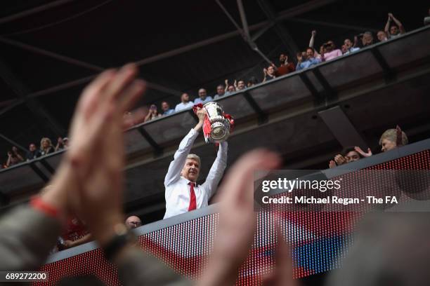 Arsene Wenger, Manager of Arsenal celebrates with The FA Cup after the Emirates FA Cup Final between Arsenal and Chelsea at Wembley Stadium on May...