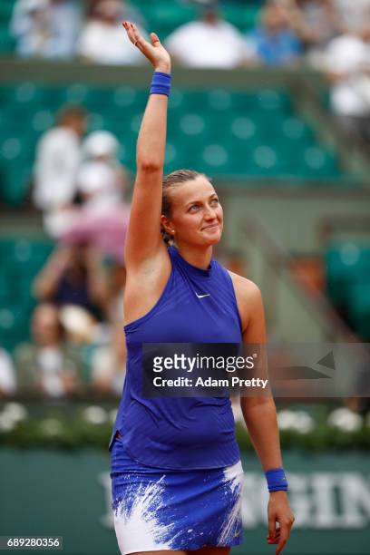 Petra Kvitova of the Czech Republic celebrates following her victory during the ladies singles first round match against Julia Boserup of the United...