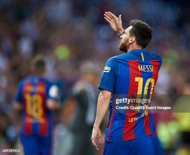 Lionel Messi of Barcelona celebrates scoring his team's first goal during the Copa Del Rey Final match between FC Barcelona and Deportivo Alaves at...