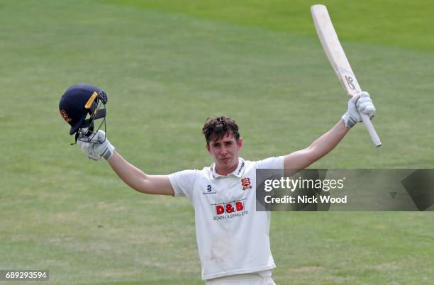 Dan Lawrence of Essex celebrates scoring a century of runs during the Essex v Surrey - Specsavers County Championship: Division One cricket match at...