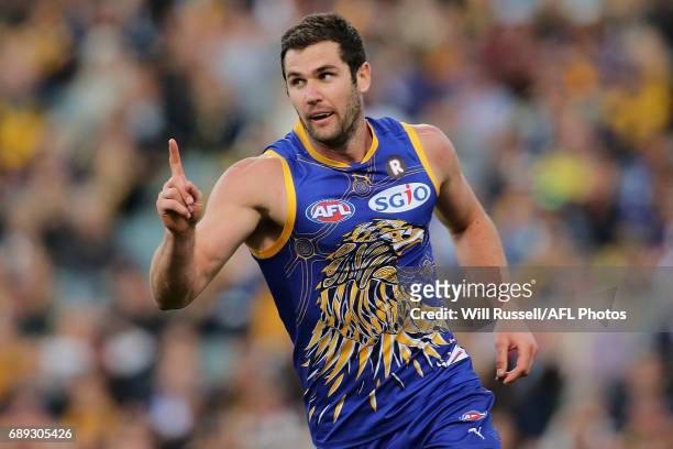 Jack Darling of the Eagles celebrates after scoring a goal during the round 10 AFL match between the West Coast Eagles and the Greater Western Giants...