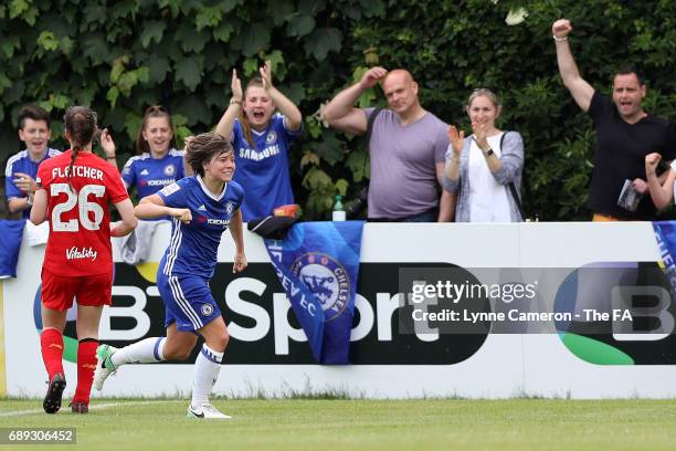 Fran Kirby of Chelsea Ladies celebrates scoring during the match WSL1 Spring Series match at Wheatsheaf Park between Chelsea Ladies v Liverpool...