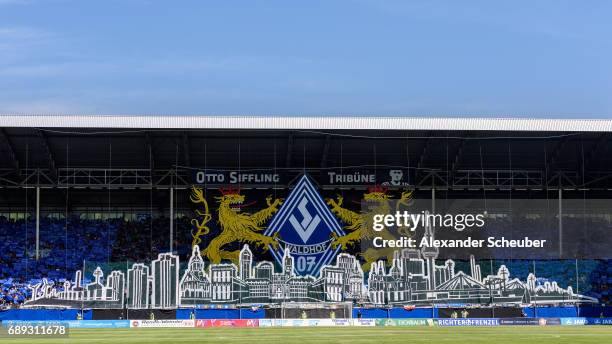 Fans of Mannheim show a choreographie during the Third League playoff leg one match between Waldhof Mannheim and SV Meppen on May 28, 2017 in...