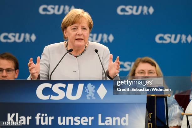 German Chancellor and Chairwoman of the German Christian Democrats Angela Merkel gestures during a speech at the Trudering fest on May 28, 2017 in...