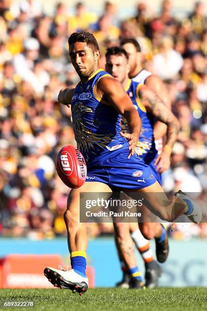 Malcolm Karpany of the Eagles kicks on goal during the round 10 AFL match between the West Coast Eagles and the Greater Western Giants at Domain...