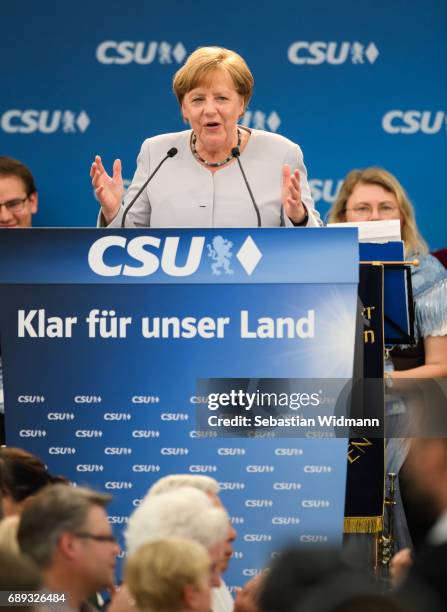 German Chancellor and Chairwoman of the German Christian Democrats Angela Merkel gestures during a speech at the Trudering fest on May 28, 2017 in...