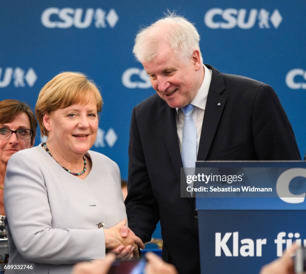 German Chancellor and Chairwoman of the German Christian Democrats Angela Merkel and Bavarian Governor and Chairman of the Bavarian Christian...