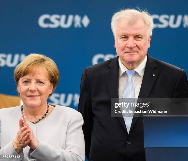 German Chancellor and Chairwoman of the German Christian Democrats Angela Merkel and Bavarian Governor and Chairman of the Bavarian Christian...