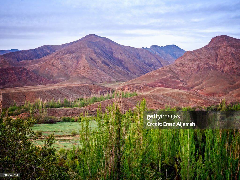 View of the mountains opposite the red village Abyaneh in Natanz County, Isfahan Province, Iran - 28 April 2017