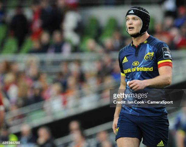Munster's Tyler Bleyendaal in action during the Guinness PRO12 Final match between Munster and Scarlets at the Aviva Stadium on May 27, 2017 in...