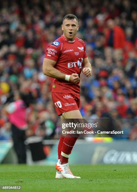 Scarlets' Gareth Davies in action during the Guinness PRO12 Final match between Munster and Scarlets at the Aviva Stadium on May 27, 2017 in Dublin,...