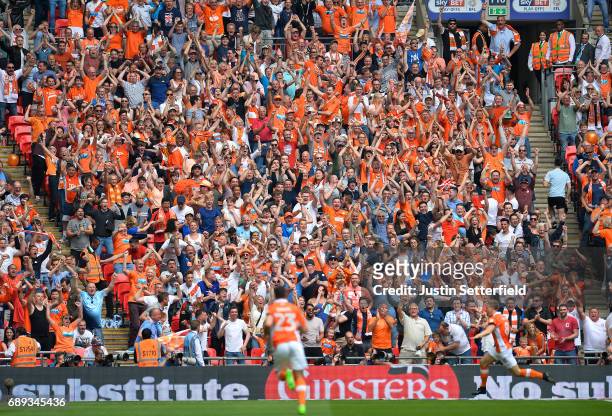 Brad Potts of Blackpool celebrates scoring his sides first goal during the Sky Bet League Two Playoff Final between Blackpool and Exeter City at...