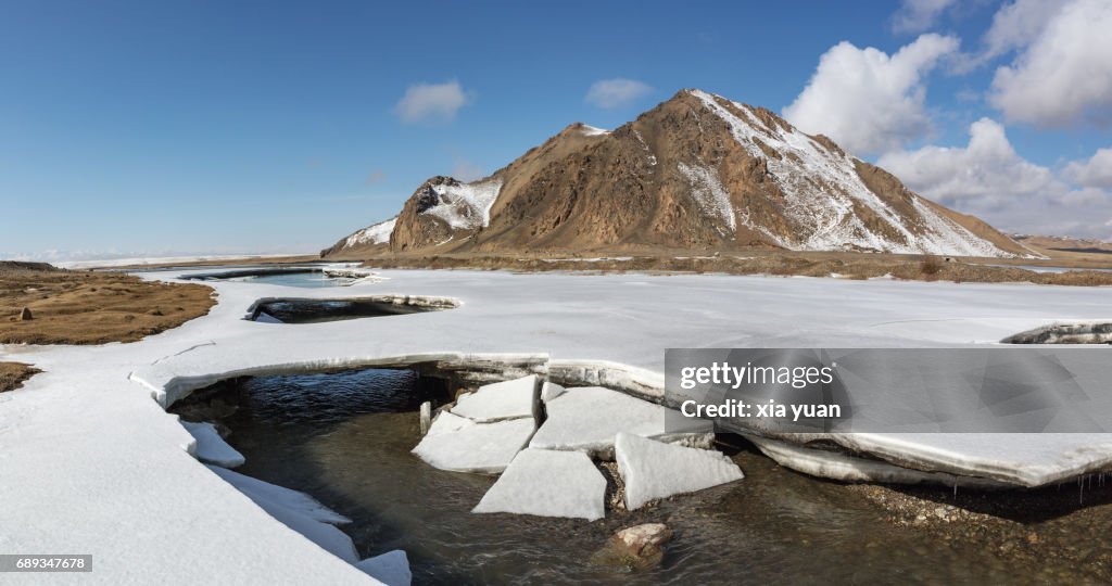Cracked ice plates on floating river on Bayanbulak,China