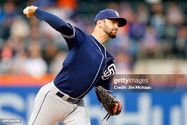 Jarred Cosart of the San Diego Padres in action against the New York Mets at Citi Field on May 24, 2017 in the Flushing neighborhood of the Queens...