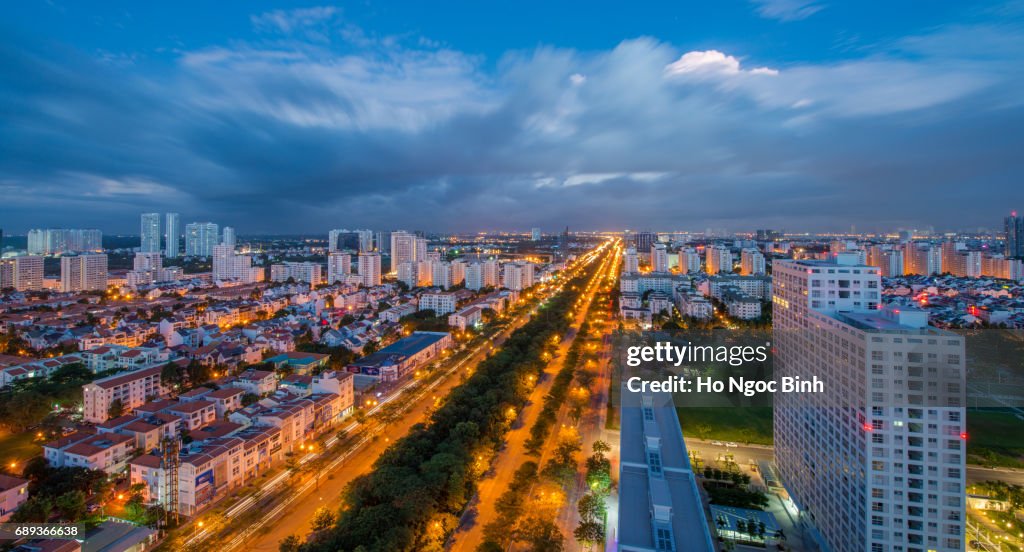 Aerial view of Ho Chi Minh city at twilight