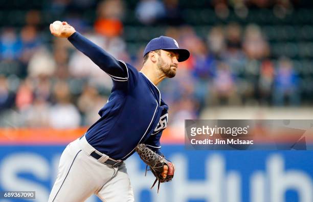 Jarred Cosart of the San Diego Padres in action against the New York Mets at Citi Field on May 24, 2017 in the Flushing neighborhood of the Queens...