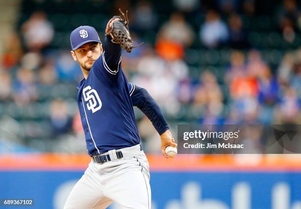 Jarred Cosart of the San Diego Padres in action against the New York Mets at Citi Field on May 24, 2017 in the Flushing neighborhood of the Queens...