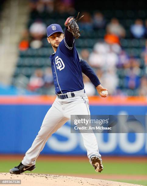 Jarred Cosart of the San Diego Padres in action against the New York Mets at Citi Field on May 24, 2017 in the Flushing neighborhood of the Queens...