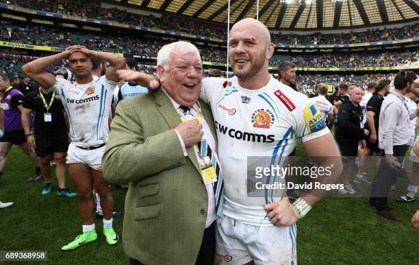 Tony Rowe the owner of Exeter Chiefs celebrates with Jack Yeandle after their victory during the Aviva Premiership match between Wasps and Exeter...