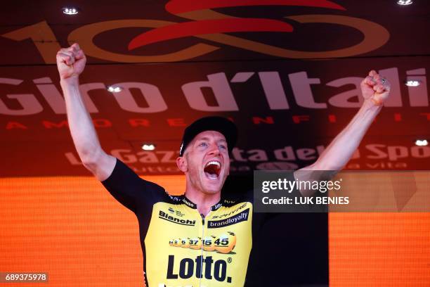 Netherlands' Jos van Emden of team Lotto NL-Jumbo celebrates on the podium after winning the Individual time-trial between Monza and Milan on the...