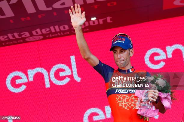 Italy's rider of team Bahrain - Merida Vincenzo Nibali celebrates his third place on the podium of the 100th Giro d'Italia, Tour of Italy, cycling...