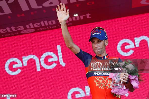 Italy's rider of team Bahrain - Merida Vincenzo Nibali celebrates his third place on the podium of the 100th Giro d'Italia, Tour of Italy, cycling...