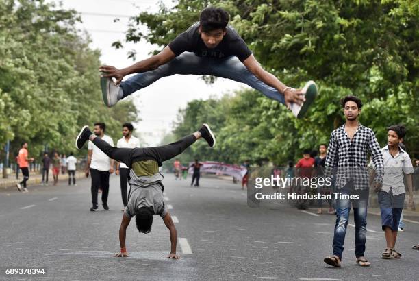 People participate during Raahgiri day at Sushant Lok near Galleria Market, event organized by MCG, on May 28, 2017 in Gurugram, India. The day is a...