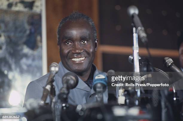 Zambian politician and President of Zambia, Kenneth Kaunda pictured conducting a press conference in 1971.